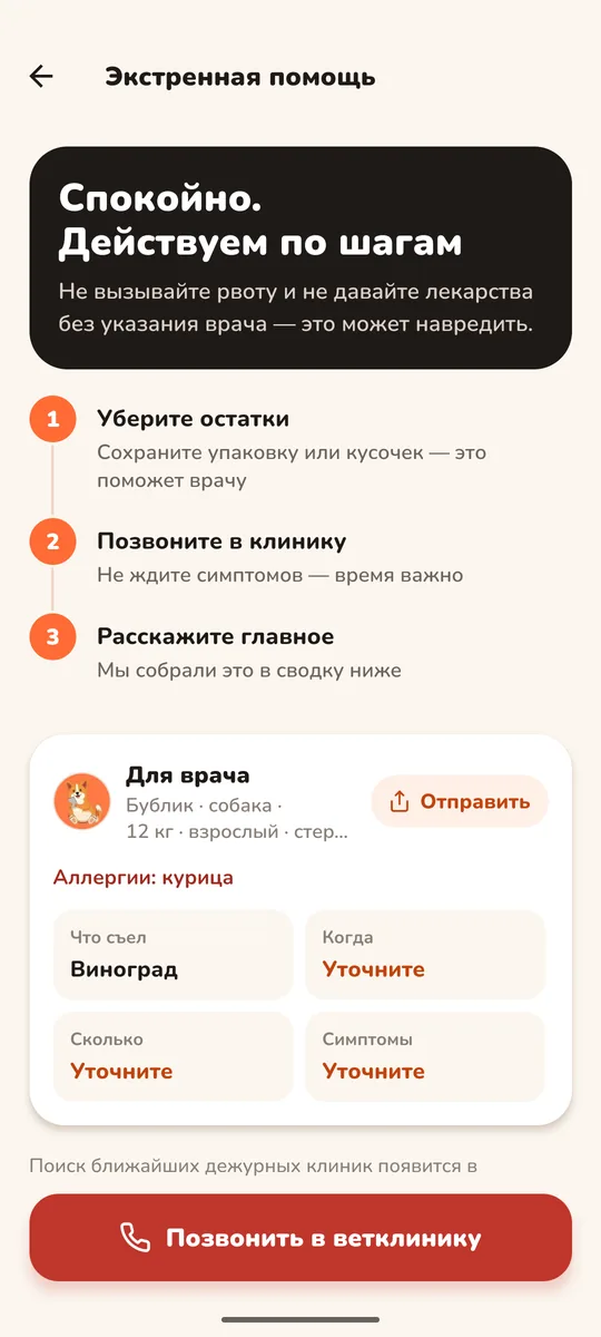 Экстренная помощь: шаги и сводка для ветеринара